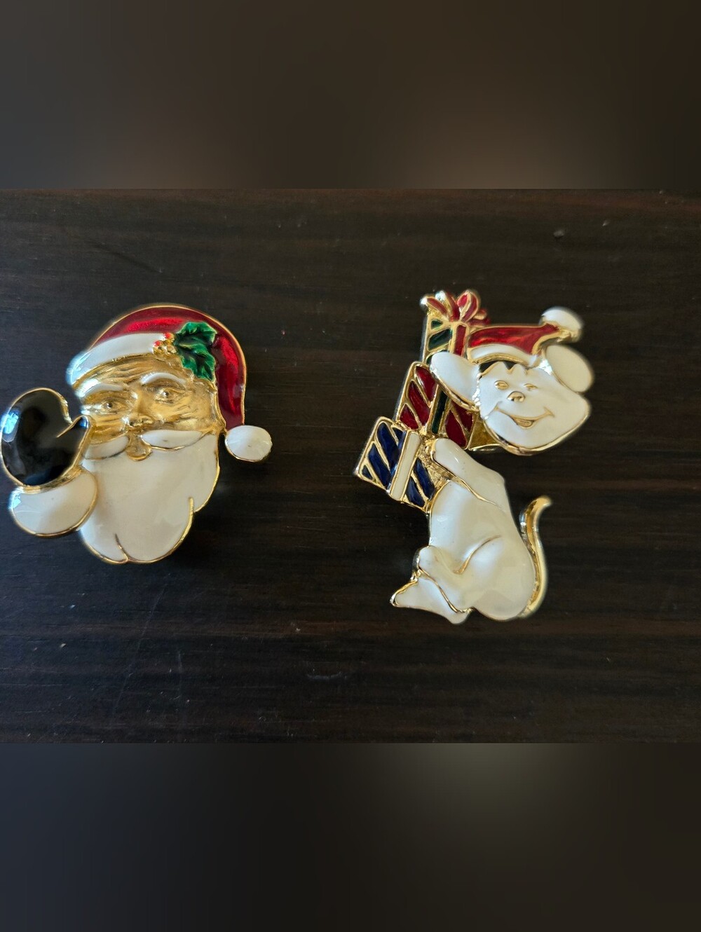 Cute Santa and Puppy Holiday Enamel Pins - Red, White, Gold. Gas Spring Accents